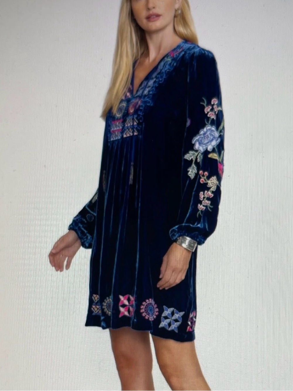 Johnny Was Navy Velvet Embroidered Mini Dress